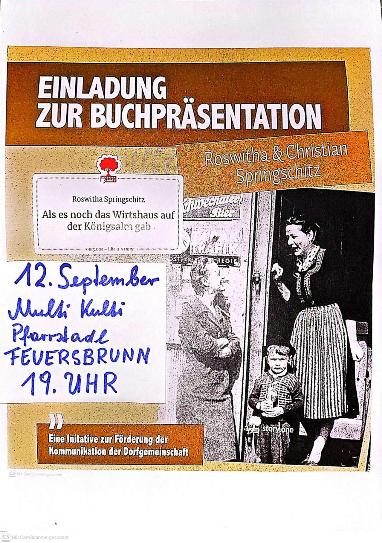 A poster for a book presentation event featuring a woman and a child. The text is in German.