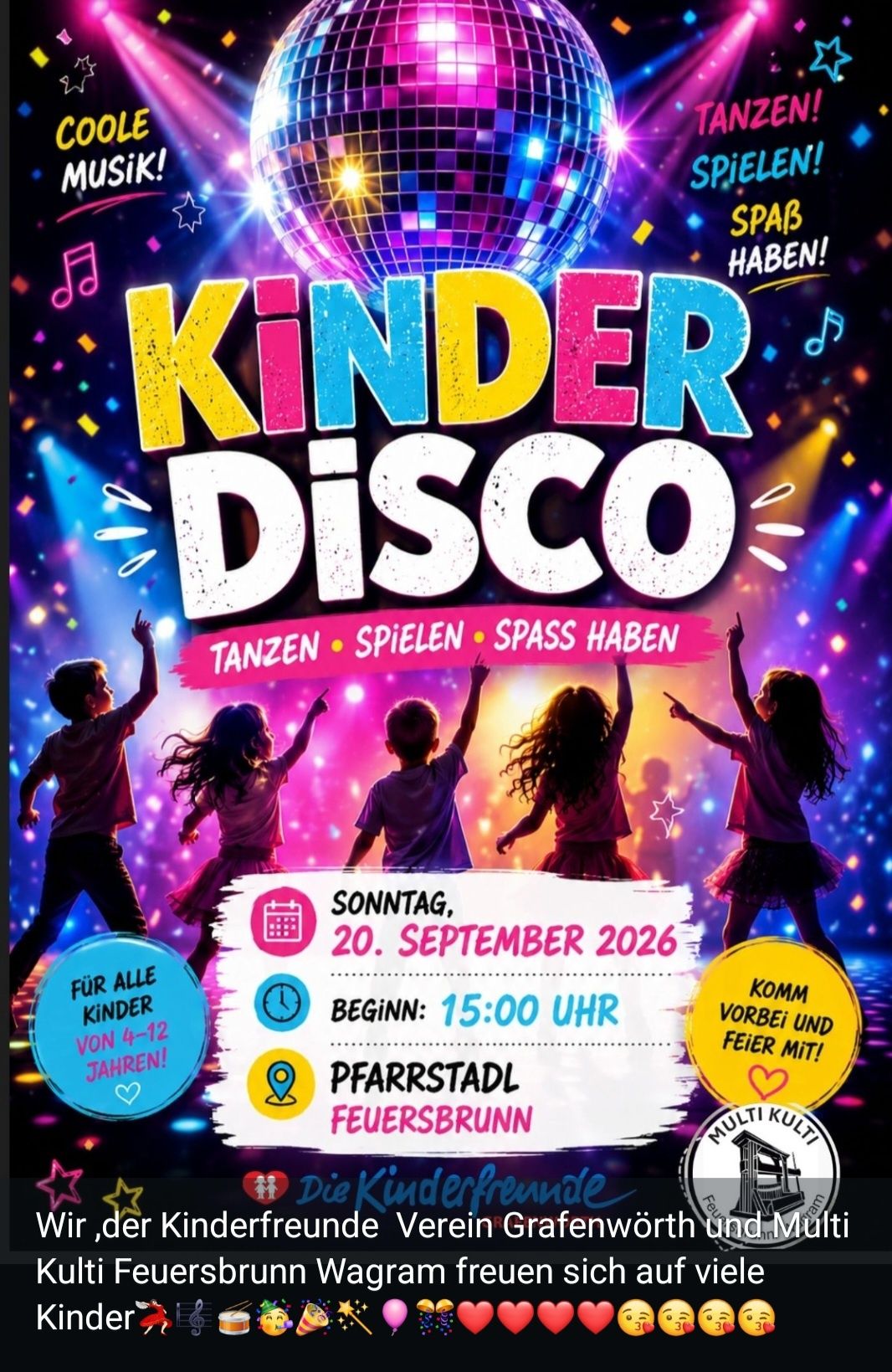 Poster for Kinder Disco event on September 20, 2026, featuring children dancing with colorful lights and confetti. The event is for children aged 4-12.