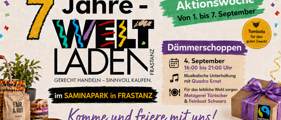Plakat für Weltladen Frastanz-Veranstaltung mit bunten Grafiken, Datum und Aktivitäten wie Musik, Essen und Einkaufen.