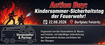 Poster for a children's summer safety day organized by the fire department. Features firefighting demonstrations, interactive stations, and a schedule for the event on August 22, 2026.