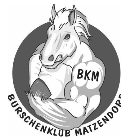 Eine stilisierte Illustration eines Pferdes, das seine Muskeln anspannt, mit dem Text BKM Burschenklub Matzendorf darum herum.