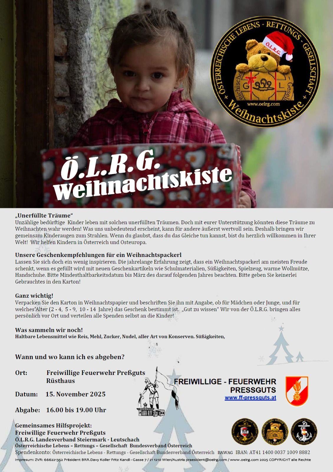 A child holds a Christmas gift box with the text O.L.R.G. Weihnachtskiste. The poster provides information on gift recommendations and encourages donations for children in need.