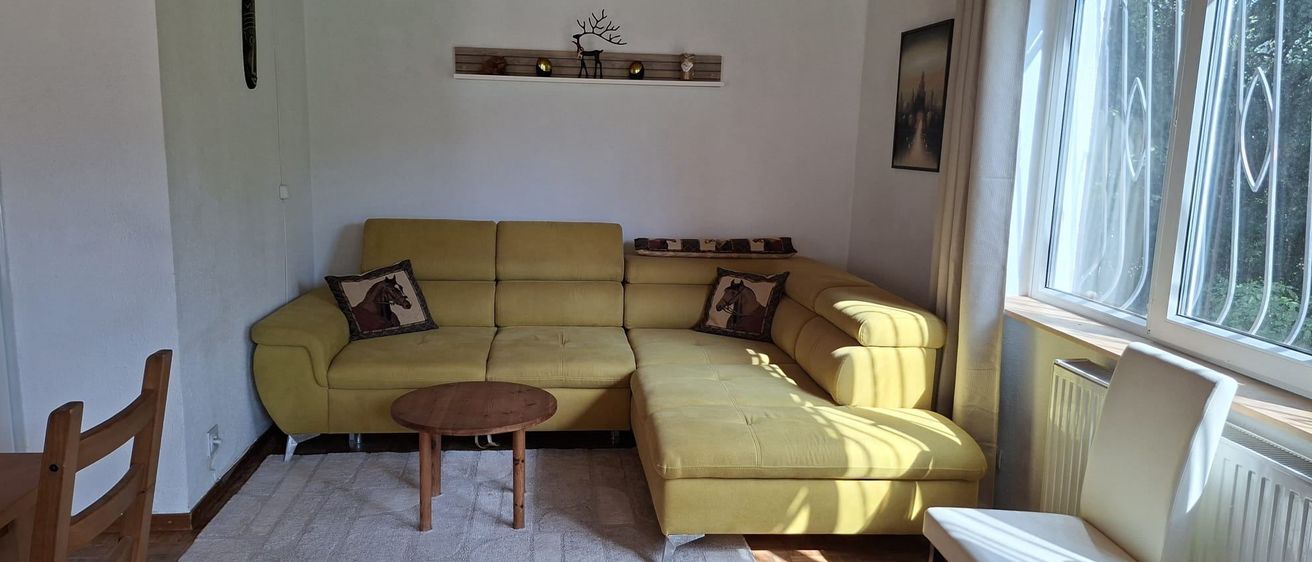 Ein Wohnzimmer mit einem gelben Ecksofa, einem runden Holztisch und einem weißen Teppich auf einem Holzboden. Ein Geweihregal und ein Gemälde befinden sich an der Wand.