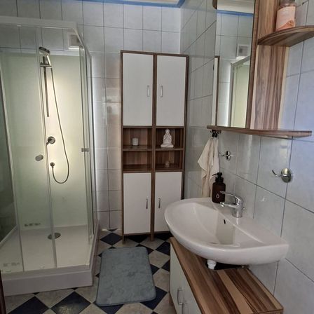 Ein Badezimmer mit einer Duschkabine, einem Waschbecken, einem Schrank und einem Spiegel. Das Waschbecken hat einen Wasserhahn und eine Seifenflasche. Die Duschkabine hat einen Duschkopf und einen Abfluss. Der Schrank hat Regale und eine Buddha-Statue.