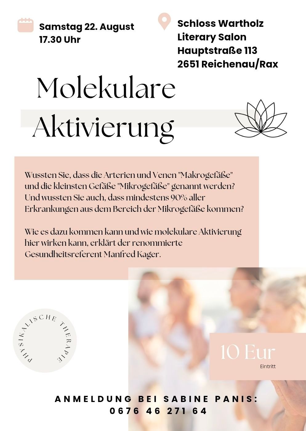 An advertisement for a health seminar titled 'Molecular Activation' by Manfred Kager, featuring a lotus symbol and a group of people in the background.