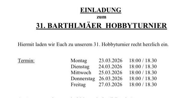 Das Bild zeigt eine Einladung zum 31. Barthlomäer Hobbyturner. Die Veranstaltung ist vom 23.03.2026 bis 27.03.2026 geplant, mit Sitzungen von 18:00 bis 18:30 an jedem Tag.