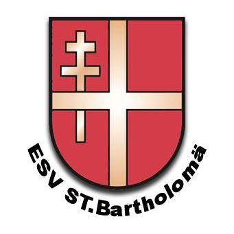 Das Bild zeigt einen heraldischen Schild mit rotem Hintergrund und einem weißen Kreuz in der Mitte. Das Kreuz hat goldene Akzente. Unter dem Schild steht ESV ST. BARTHOLOMAE in stilisierten Buchstaben.