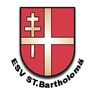 Das Bild zeigt einen heraldischen Schild mit rotem Hintergrund und einem weißen Kreuz in der Mitte. Das Kreuz hat goldene Akzente. Unter dem Schild steht ESV ST. BARTHOLOMAE in stilisierten Buchstaben.
