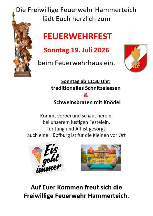 Feuerwehrfest Hammerteich am 19. Juli 2026 mit Schnitzel und Schweinsbraten, Hüpfburg