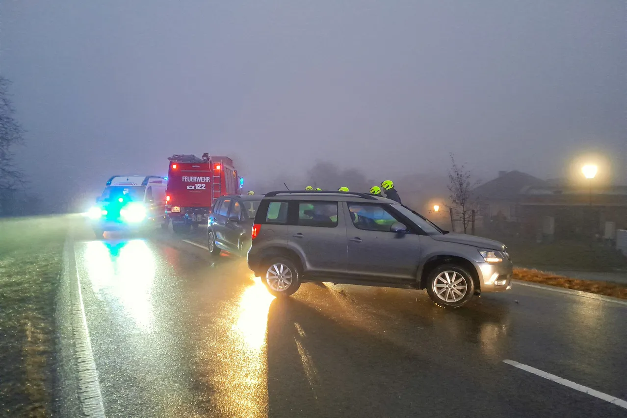 Ein Unfallort mit einem grauen SUV und einem roten Feuerwehrwagen am Straßenrand. Rettungskräfte kümmern sich um das Fahrzeug.
