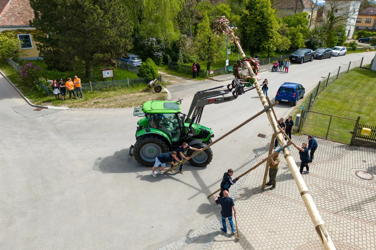 Ein Traktor hilft beim Hochheben eines großen Holzpfahls, während mehrere Personen ihn festhalten. Die Szene spielt sich in einem Park mit Bäumen, einem Gebäude und geparkten Autos ab.