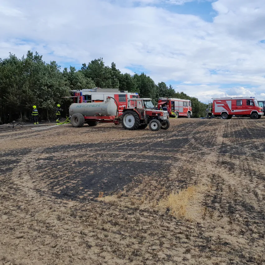 Mehrere Feuerwehrfahrzeuge sind auf einem Feld mit verbranntem Gras geparkt. Bäume säumen den Rand. Ein Traktor ist in der Nähe.