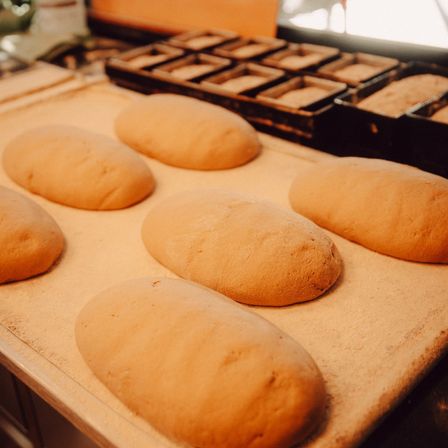 Ein Backblech mit sechs Brötchen, die zum Backen bereit sind. Die Brötchen sind braun und haben eine leicht raue Textur. Dahinter befinden sich mehrere Backbleche mit kleineren, teilweise gebackenen Brotstücken.