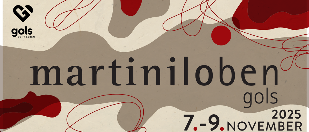 Ein Plakat für die Martinilobe-Veranstaltung. Es zeigt einen beigen Hintergrund mit roten Linien und Punkten. Der Text Martinilobe ist in Schwarz oben geschrieben. Die Daten sind 7.-9. November.