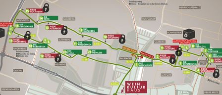 Eine Karte, die eine Route mit verschiedenen Haltestellen zeigt. Die Route beginnt bei Goldberg und endet bei Wein Kultur Haus. Haltestellen sind Umfahren, Ausdunnen, Weinlese, Klima, Kalbskopf und Geschichte.