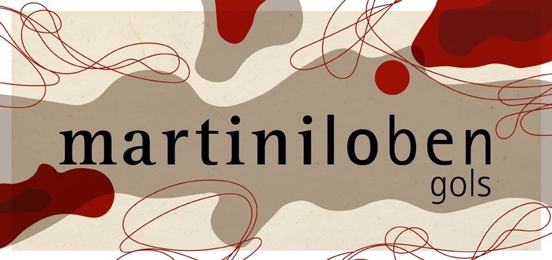 Ein abstraktes Design in Rot- und Beigetönen. Das Wort 'martiniloben' ist prominent in Schwarz dargestellt, mit 'gols' darunter in kleinerer Schrift. Das Design enthält rote Formen und Linien.