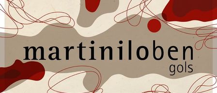 Ein abstraktes Design in Rot- und Beigetönen. Das Wort 'martiniloben' ist prominent in Schwarz dargestellt, mit 'gols' darunter in kleinerer Schrift. Das Design enthält rote Formen und Linien.