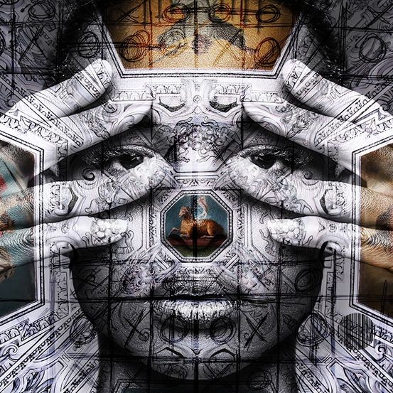 Ein digitales Kunstwerk zeigt ein menschliches Gesicht, bestehend aus verschiedenen Finanzsymbolen, geometrischen Mustern und einem Tier. Das Gesicht hat zwei Hände mit komplizierten Designs, die die Augen bedecken.
