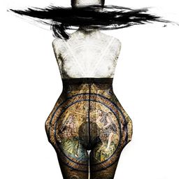 Ein Mannequin mit langem schwarzem Haar wird mit einer Überlagerung eines Mosaikdesigns auf dem Rücken gezeigt. Das Mosaik zeigt einen Mann, der eine Harfe spielt, und einen Engel.