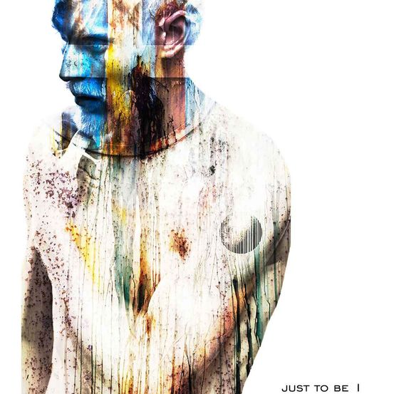 Eine abstrakte Kunst eines Männergesichts mit blauen und gelben Farbspritzern, das ein weißes Hemd trägt. Das Bild hat einen weißen Hintergrund und die Worte 'Nur um zu sein' sind unten geschrieben.