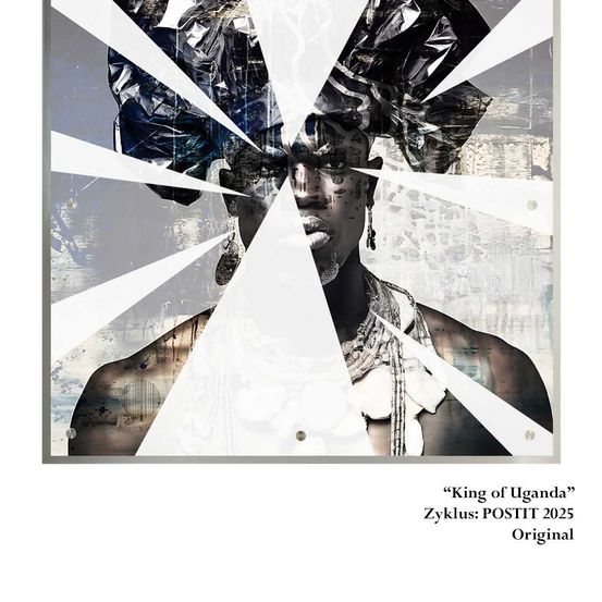 Ein abstraktes Kunstwerk mit dem Titel 'König von Uganda' vom Künstler POSTIT aus dem Jahr 2025. Es zeigt ein stilisiertes Gesicht mit einem großen, aufwendigen Kopfschmuck.