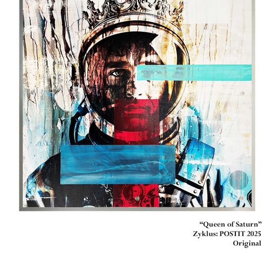 Ein abstraktes Gemälde zeigt eine Person in einem Raumanzug mit einer Krone, überlagert von roten und blauen Elementen, mit dem Titel 'Königin des Saturn', erstellt von Zyklus im Jahr 2025.