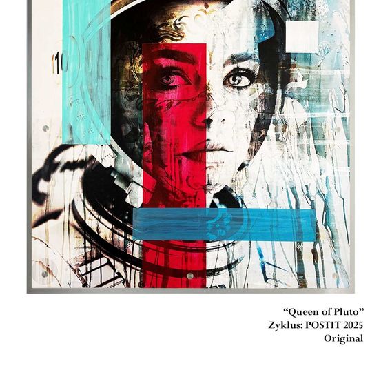 Ein abstraktes Kunstwerk mit dem Gesicht einer Frau in leuchtenden Farben und geometrischen Formen. Der Titel 'Queen of Pluto' wird angezeigt, zusammen mit dem Namen des Künstlers und dem Jahr 2025.
