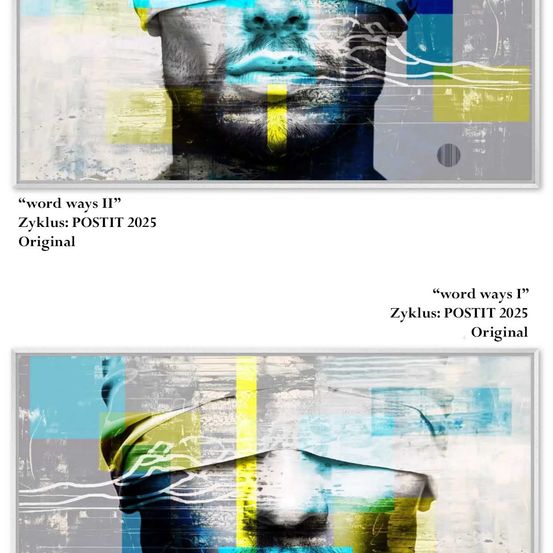 Zwei abstrakte Kunstwerke von Postit. Das obere Bild zeigt ein maskiertes Gesicht mit blauen und gelben Akzenten. Das untere Bild hat eine ähnliche Komposition, aber mit einem anderen Farbschema.