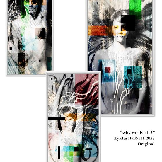 Drei abstrakte Kunstwerke mit dem Titel 'why we live 1-3' des Künstlers POSTIT 2025. Jedes Stück zeigt eine Figur mit einzigartigen Gesichtszügen und Farbpaletten.