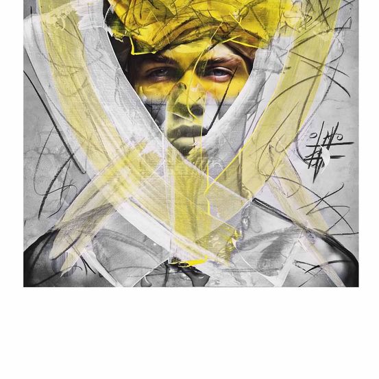 Ein abstraktes Bild zeigt ein Gesicht mit gelber Farbe auf der Stirn und um die Augen. Das Gesicht ist teilweise von gelben und weißen Strichen bedeckt.