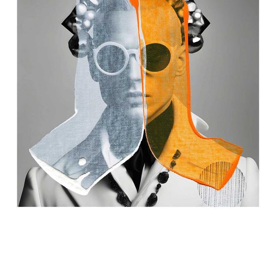 Eine digitale Collage des Gesichts einer Person, das in zwei Bereiche aufgeteilt ist, einer in Grau mit Brille, der andere in Gelb mit Sonnenbrille und orangem Schal.