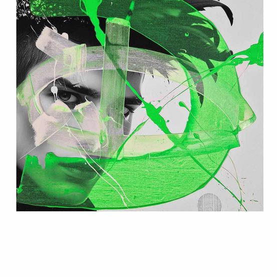 Ein abstraktes Bild eines Gesichts mit grüner Überlagerung. Das Gesicht ist teilweise durch grüne Farbe und Blätter verdeckt, mit einem auffälligen Blick.