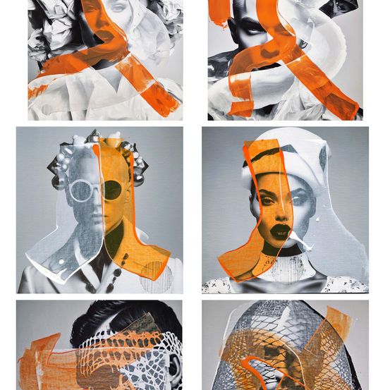 Eine Reihe von abstrakten Kunstwerken mit Frauengesichtern, jeweils mit orangefarbenen und weißen Überlagerungen. Die Gesichter sind fragmentiert und zeigen verschiedene Gesichtsausdrücke und Stile.