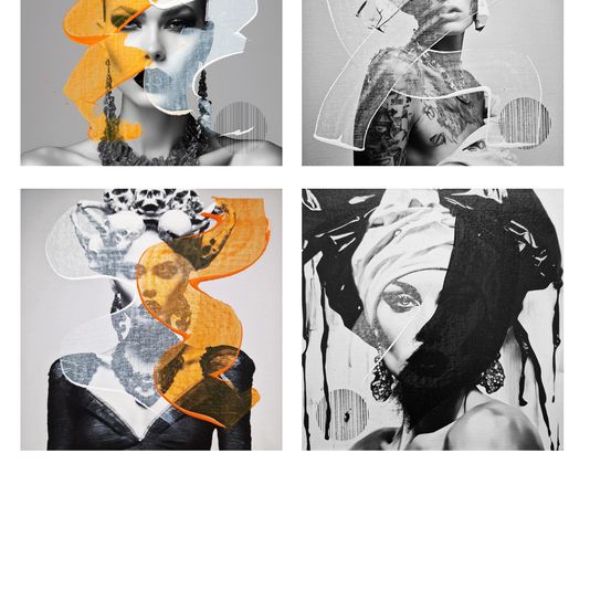Eine Collage aus vier Bildern einer Frau. Oben links ist schwarz-weiß mit einer orangefarbenen Überlagerung. Oben rechts ist ein schwarz-weißes Bild mit einem Tattoo. Unten links ist ein schwarzes Kleid mit einer Überlagerung des orangefarbenen Buchstabens 'S'. Unten rechts ist ein schwarz-weißes Bild einer Frau mit einem Schal.