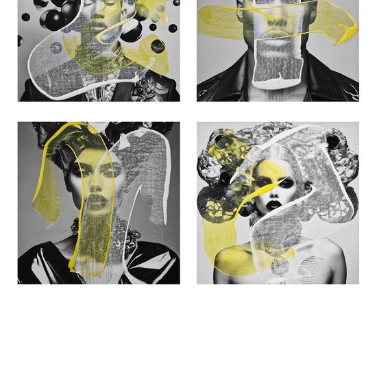 Vier schwarz-weiße abstrakte Porträts. Oben links zeigt ein Gesicht mit einem gelben abstrakten Muster. Oben rechts zeigt ein Gesicht mit einem gelben abstrakten Muster. Unten links zeigt eine Frau mit einem gelben abstrakten Muster. Unten rechts zeigt eine Frau mit einem gelben abstrakten Muster.
