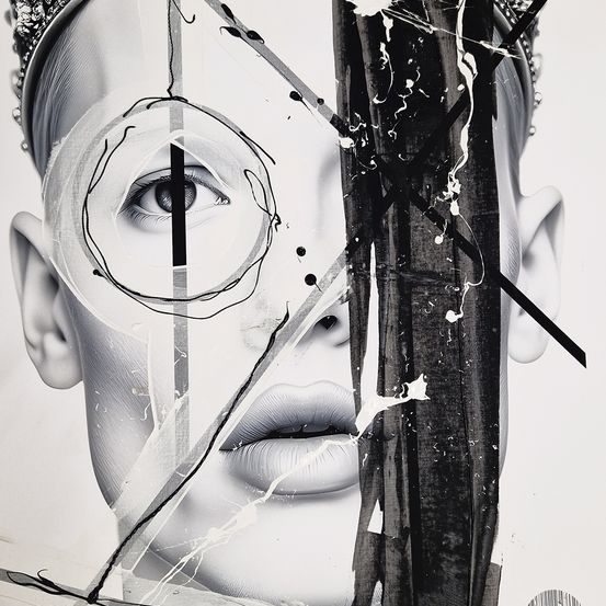 Ein schwarz-weißes Porträt eines Frauengesichts mit Krone, mit abstrakten Formen und Farbspritzern, wobei Augen und Lippen im Fokus stehen.