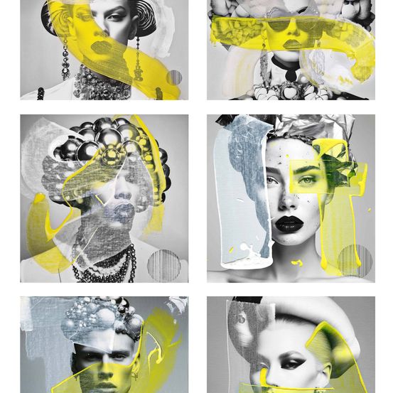 Eine Serie von sechs Schwarz-Weiß-Porträts mit lebhaften gelben und blauen Elementen. Jedes Porträt besteht aus abstrakten Formen und Schichten, die verschiedene Gesichtszüge und Ausdrücke hervorheben.