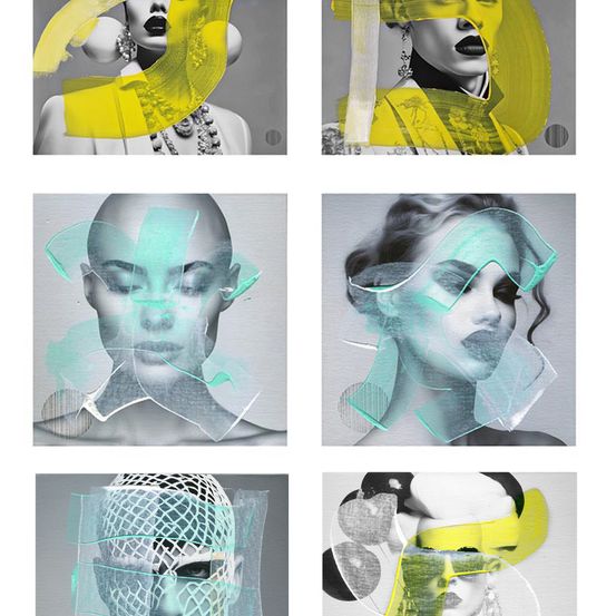 Eine Collage aus sechs abstrakten Porträts von Frauen. Jedes Porträt hat ein eigenes Farbschema und Design. Oben links und rechts sind gelbe Akzente zu sehen, unten links blau und unten rechts eine Kombination aus Schwarz und Gelb.