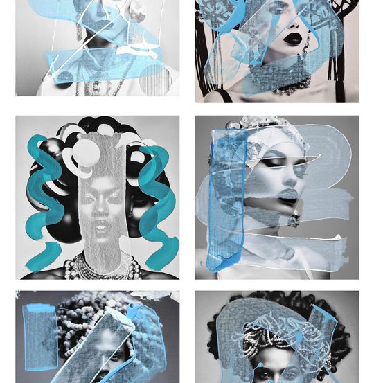 Eine Reihe von sechs Schwarz-Weiß-Bildern von Frauen mit blauen Akzenten. Jedes Bild zeigt eine andere Frisur und Gesichtsausdruck. Das obere linke Bild zeigt eine Frau mit einem blauen Band und Schleier.