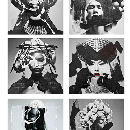 Eine Collage aus sechs Schwarz-Weiß-Bildern von Frauen, die surreale, avantgardistische Kopfbedeckungen tragen. Jedes Bild zeigt eine Frau mit auffälligem Makeup, einschließlich roter Lippen und dramatischer Augen.