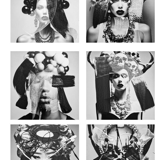 Eine Collage aus sechs Schwarz-Weiß-Bildern einer Frau mit verschiedenen Accessoires wie Halsketten, Ohrringen und Kopfbedeckungen. Jedes Bild zeigt verschiedene Teile ihres Gesichts und Körpers.