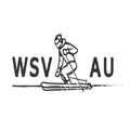 Schwarz-Weiß-Illustration eines Skifahrers, mit WSV AU Text darüber.