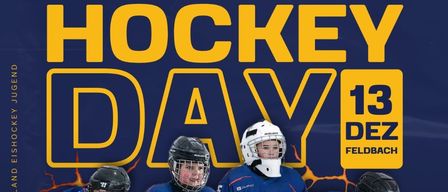 A poster for a hockey day event. It features hockey players in blue uniforms with helmets. Schedule includes a skate training from 09:00 to 10:30, a friendly match from 10:30 to 12:00, and a free ice hockey game from 12:00 to 14:00.