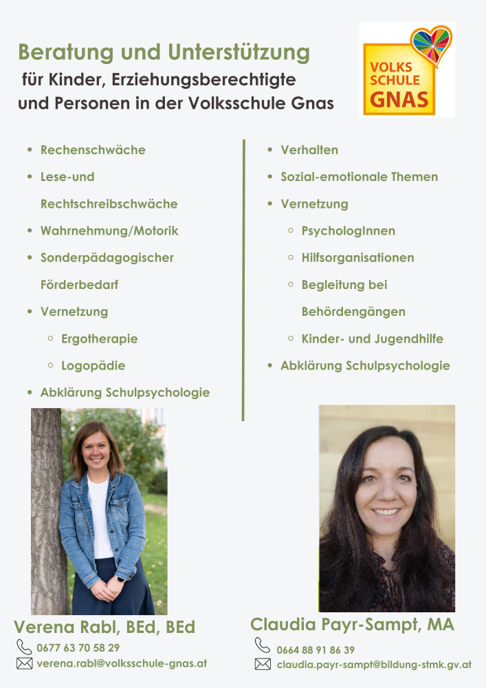 Eine Webseite mit dem Titel 'und Personen in der Volksschule Gnas' zeigt eine Liste von Themen und Unterstützungsoptionen für Schüler. Es umfasst Rechenschwäche, Lese- und Rechtschreibschwäche, sonderpädagogischer Förderbedarf und Schulpsychologie. Auf der rechten Seite ist ein Bild einer lächelnden Frau.