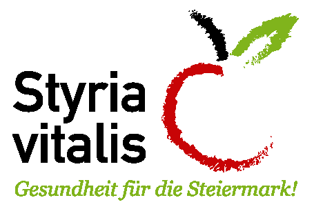 Ein roter Kreis mit einer grünen Apfelform, der eine Karte einer Region enthält. Darunter steht 'Gesundheit für die Steiermark!' in gelber Schrift.