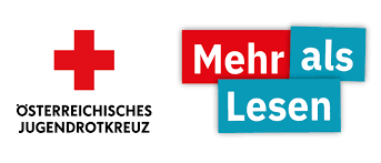 Das rote Kreuzsymbol und der blaue Text 'Mehr als Lesen' sind auf einem weißen Hintergrund mit 'Österreichisches Jugendrotkreuz' in schwarzem Text.
