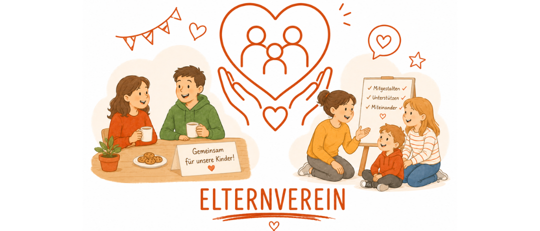 Illustration einer Elterngruppe. Eine vierköpfige Familie sitzt zusammen. Ein Banner trägt den Text 'Elternverein für unsere Kinder.' Die Mitglieder umfassen 'Mitglieder,' 'Teilnehmer' und 'gegenseitigen Unterstützung.' Unten befindet sich ein Herz und der Begriff 'Elternverein.'