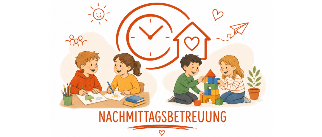 Illustration von Kindern, die verschiedene Aktivitäten mit einer Uhr und einem Haus ausführen. Der Text lautet 'Nachmittagsbetreuung'.