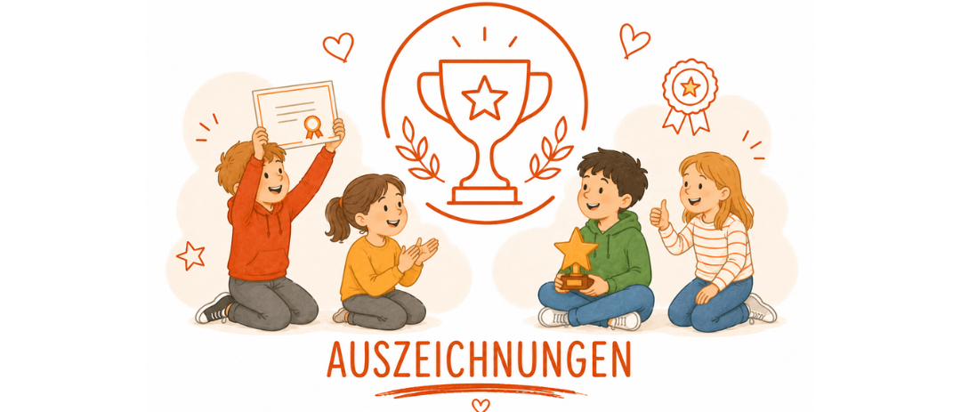 Illustration von vier Kindern, die ein Zertifikat, eine Trophäe und einen Stern halten. Sie sitzen um eine Trophäe herum mit dem Wort Auszeichnungen unten.