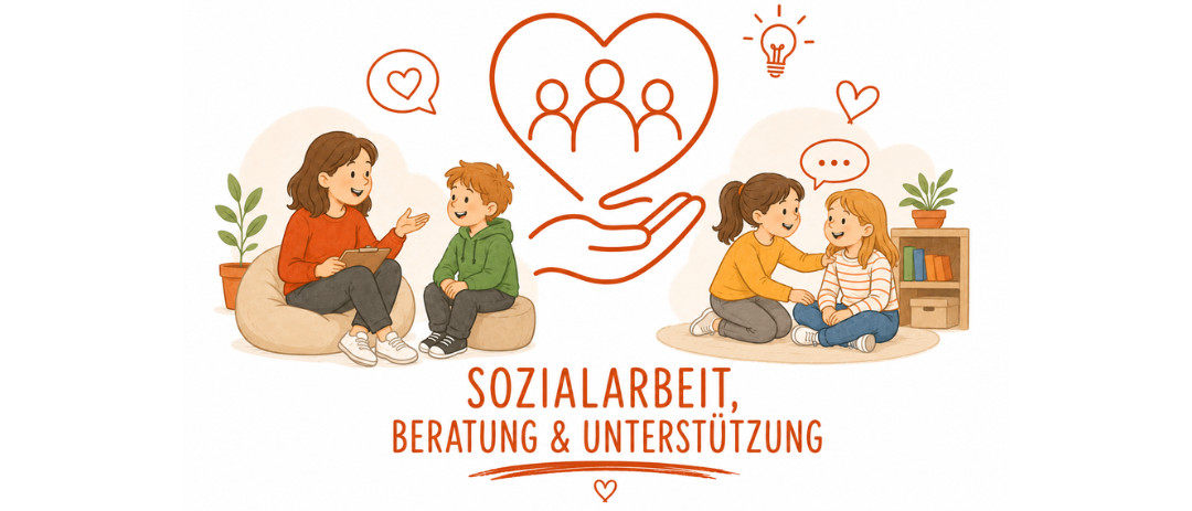 Eine Illustration einer Sozialarbeiterin mit einem Herzen, umgeben von Kindern und einem Bücherregal. Es steht 'Sozialarbeit, Beratung und Unterstützung.'